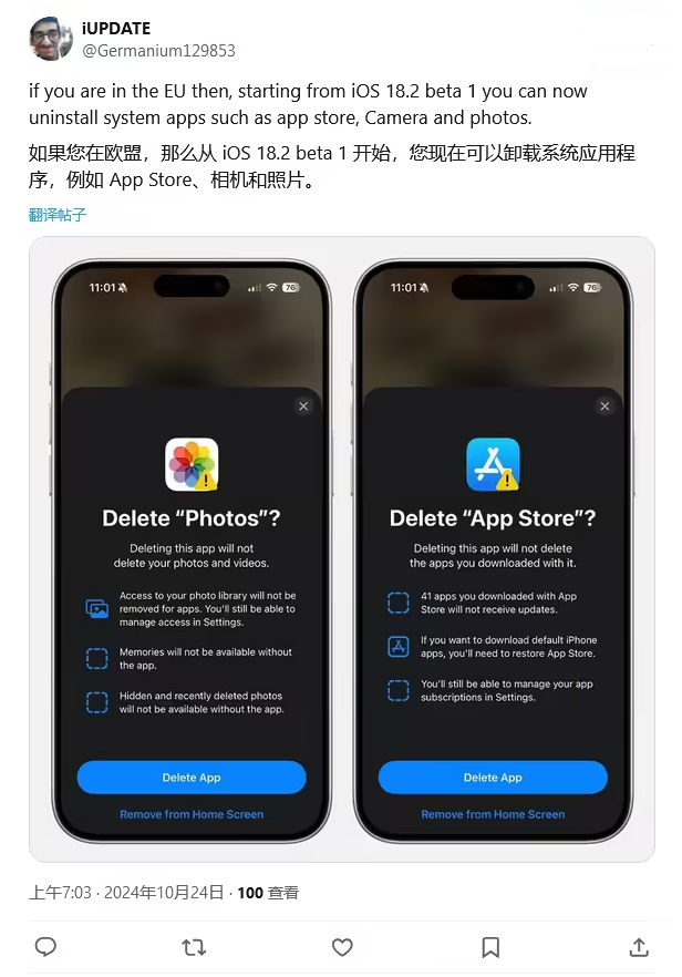 抚顺苹果手机维修分享iOS 18.2 支持删除 App Store 应用商店 